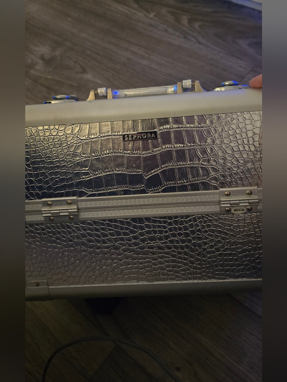 Sephora Silver Faux-Crocodile Embossed Aluminum Cosmetics Train Case
